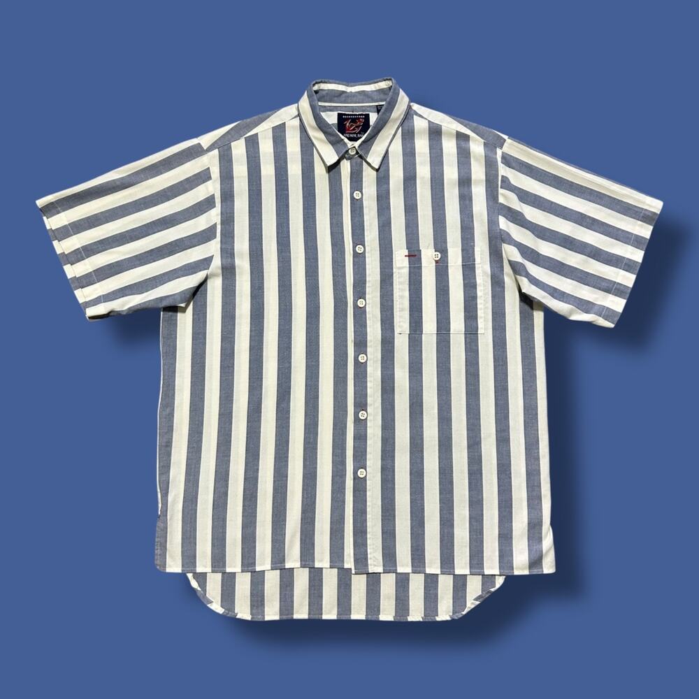 Vintage Striped Shirt Nautical Button Up 80s Vertical Stripe Cotton Blend Large